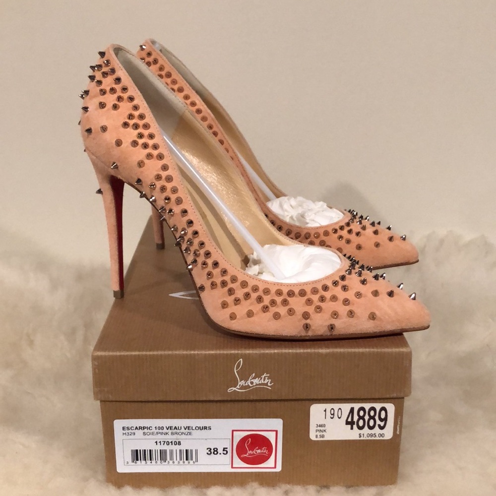 Christian Louboutin Paris Wacarpic 100 Velours Pink suede Pumps studs - Picture 7 of 16